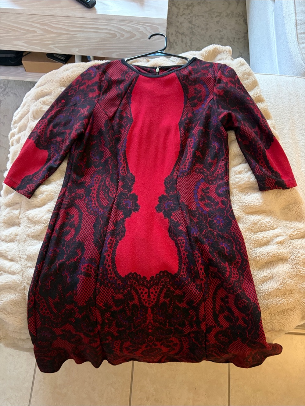 Just...Taylor Red and Black Lace-Print Midi Dress